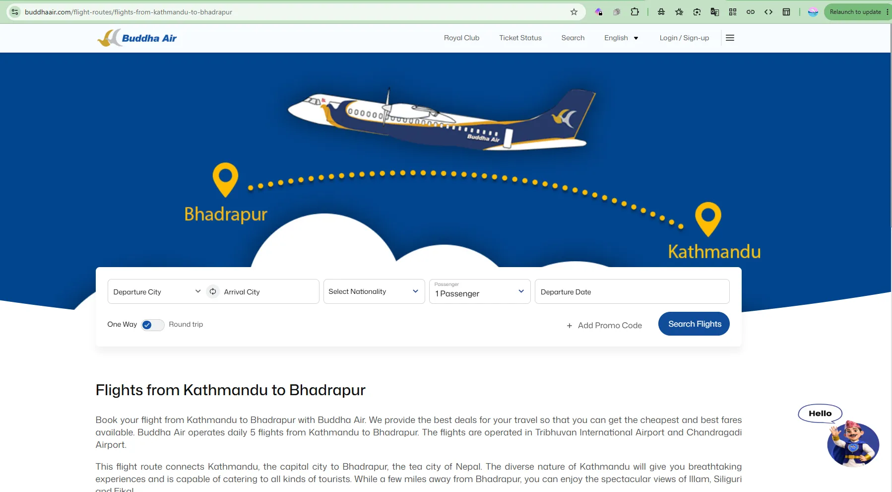 A Buddha Air programmatic route page for “Flights from Kathmandu to Bhadrapur,” with a live flight search widget and unique route-specific content below it.