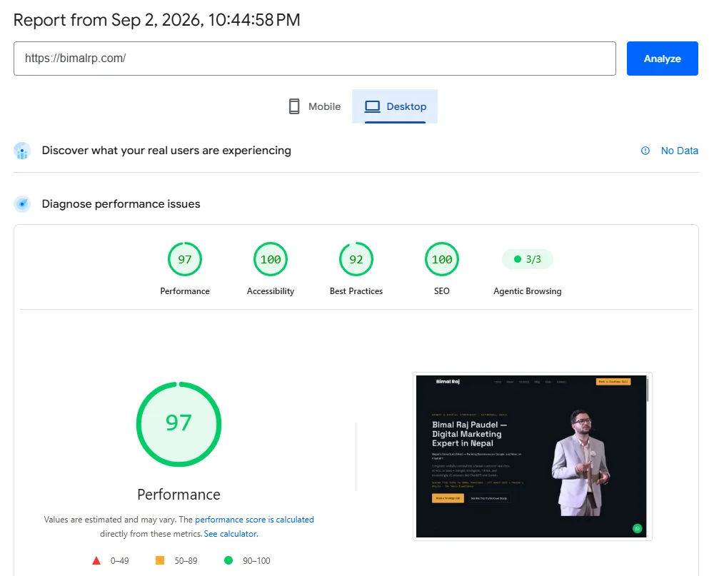 Google PageSpeed Insights desktop report for bimalrp.com showing scores of 97 for Performance, 100 for Accessibility, 92 for Best Practices, 100 for SEO, and 3 out of 3 for Agentic Browsing.