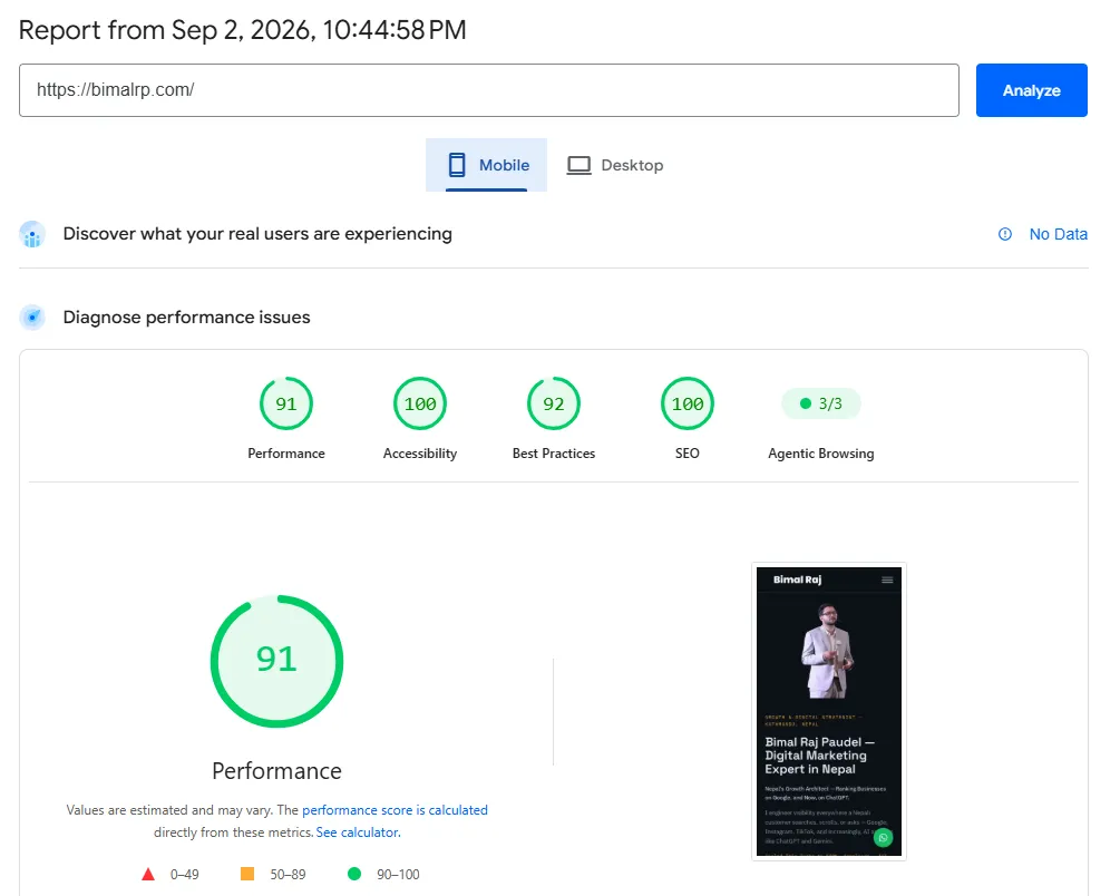 Google PageSpeed Insights mobile report for bimalrp.com showing scores of 91 for Performance, 100 for Accessibility, 92 for Best Practices, 100 for SEO, and 3 out of 3 for Agentic Browsing.