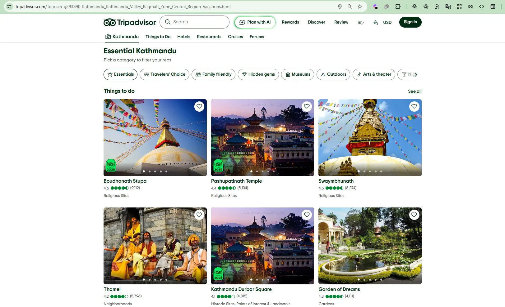 TripAdvisor’s “Essential Kathmandu” Things to Do page, showing the same destination-page template populated with Kathmandu-specific attractions, ratings, and review counts.